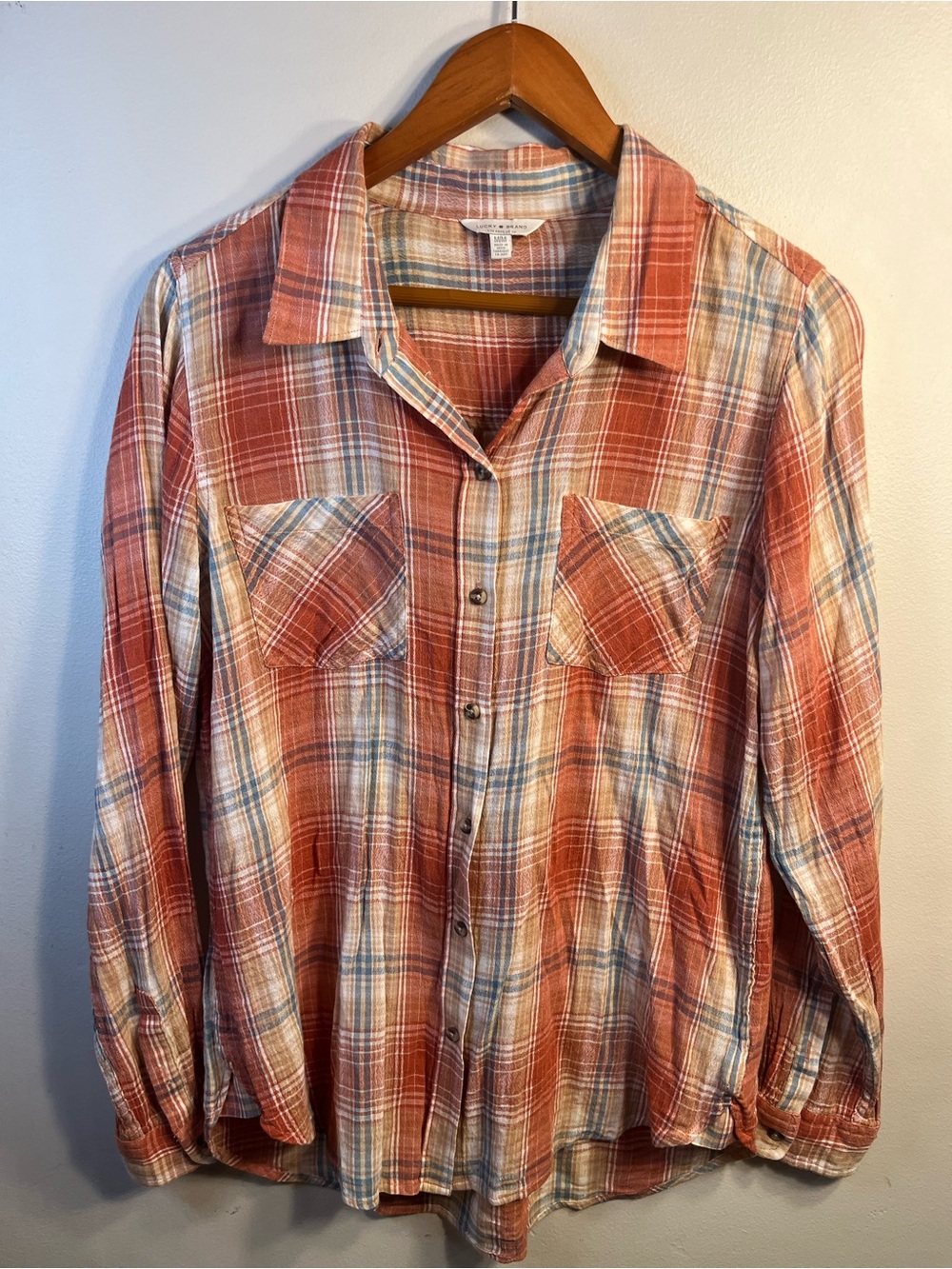 Lucky Brand Rust Plaid Lightweight Button-Up Shirt Size M